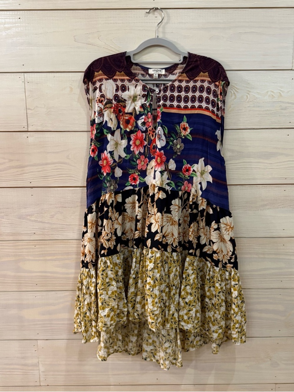 Umgee Dress Medium Midi High-low Boho Floral Tiered Sleeveless Cottagecore